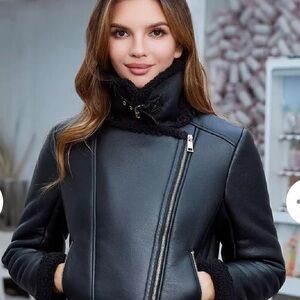 Elegant Black Faux Leather Faux Shearling Jacket for Women